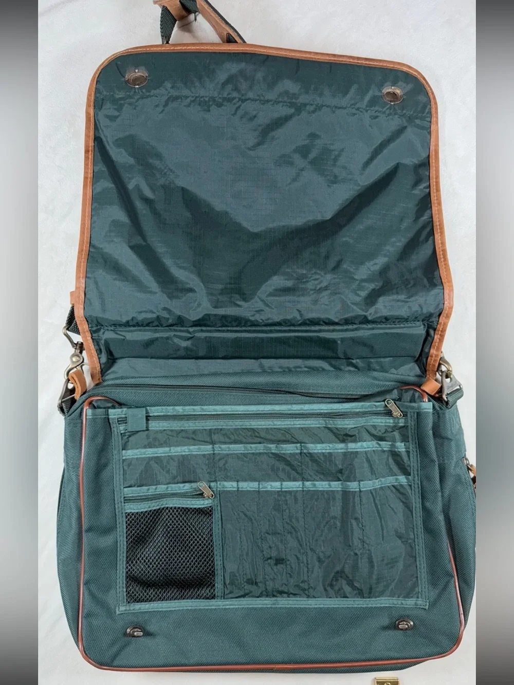 Eddie Bauer Dark Green Canvas Meather Messenger Laptop Bag Brown Leather Trim